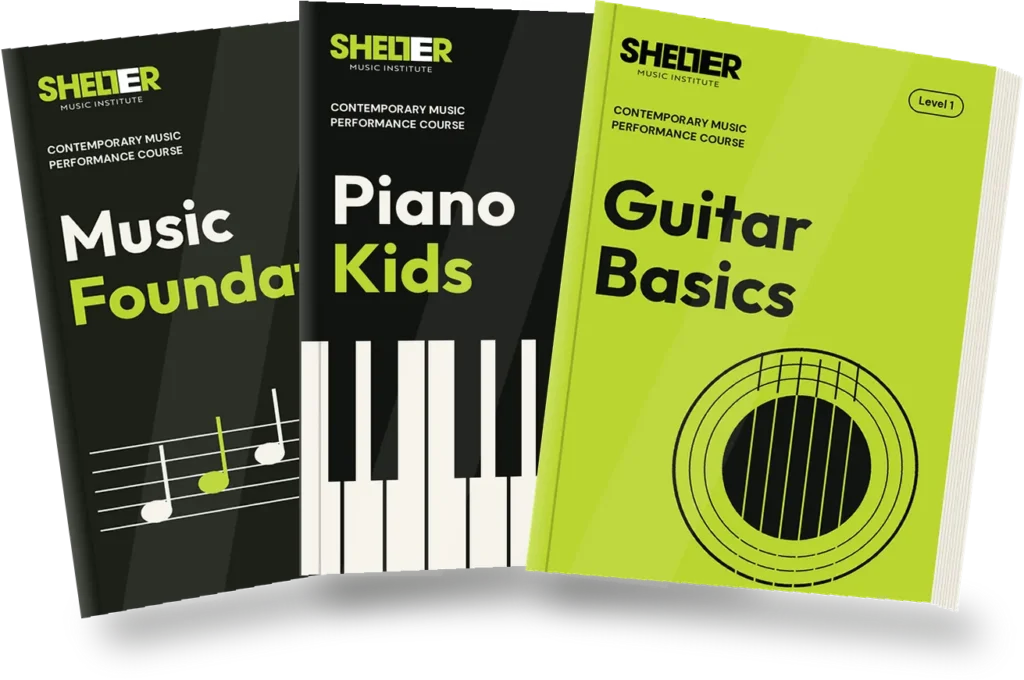 Shelter Music course books for piano, foundation and guitar