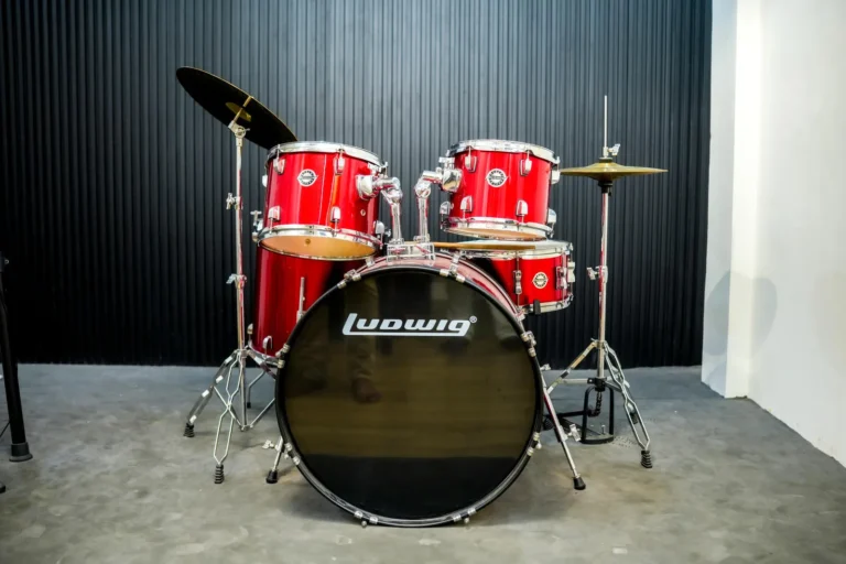The red drum kit in Shelter’s drum room